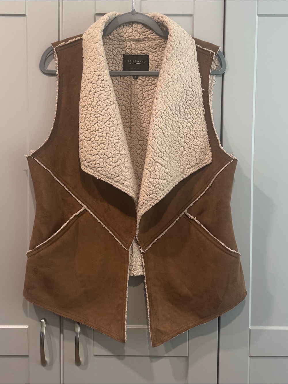Sanctuary from Anthropology Brown Faux-Suede Sherpa Vest with Cream Lining